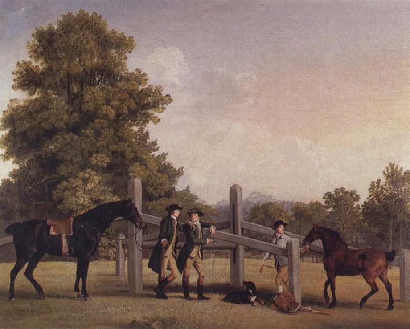 George Stubbs The Third Duke of Portand and his Brother,Lord Edward Bentinck,with Two Horses at a Leaping Bar Norge oil painting art